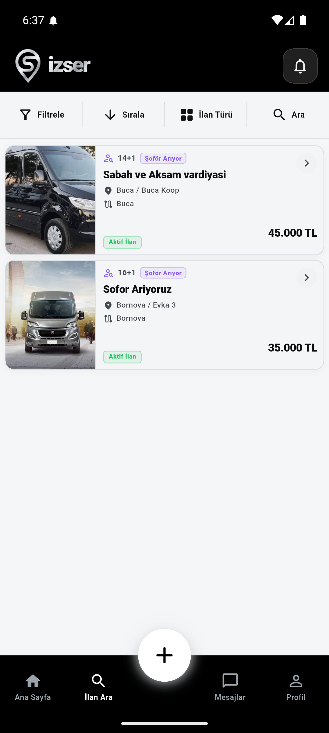 İzSer ilan arama ekranı