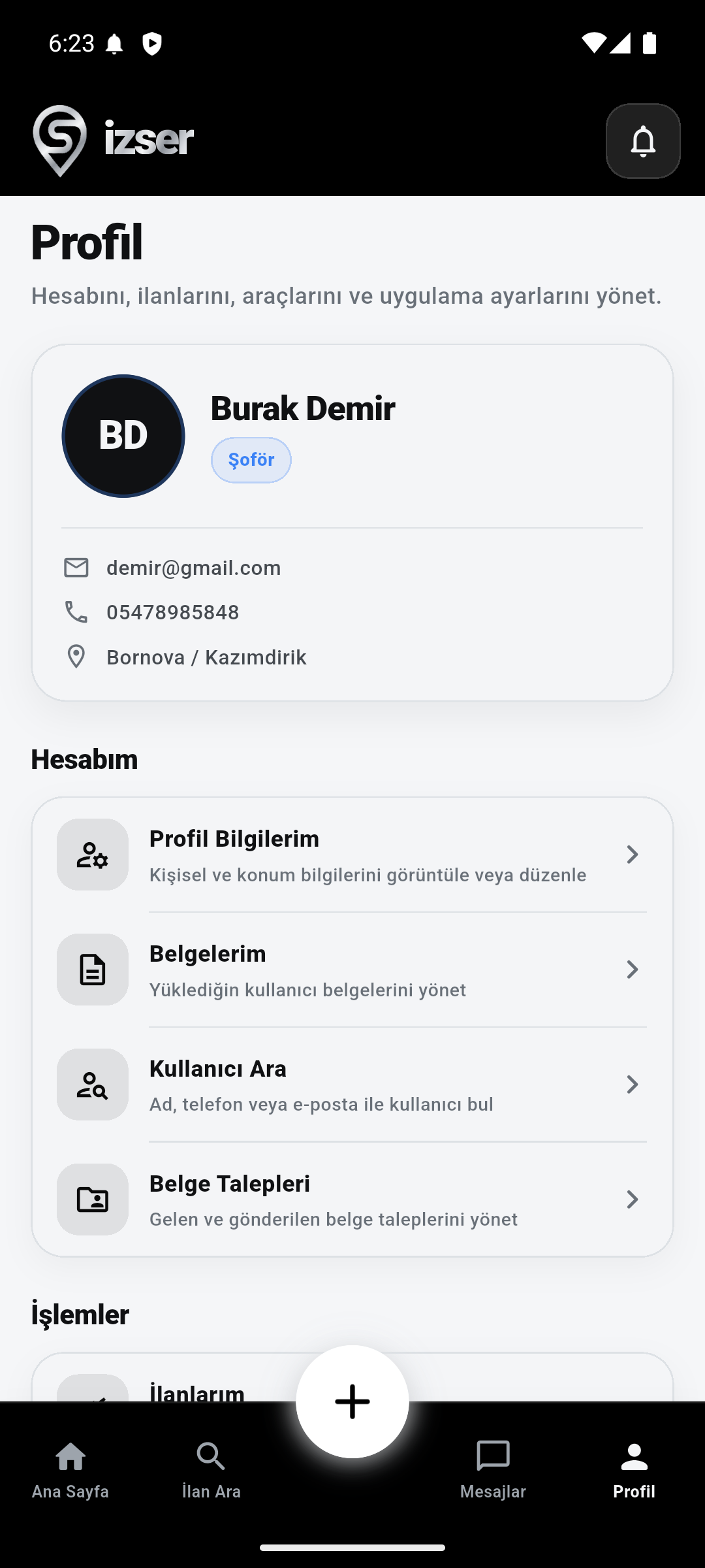 İzSer profil ekranı